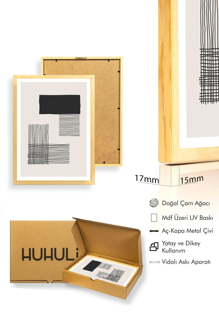 Doğal Ahşap Çerçeveli Minimal Line Art Desenli Tablo - Soyut | huhu1566