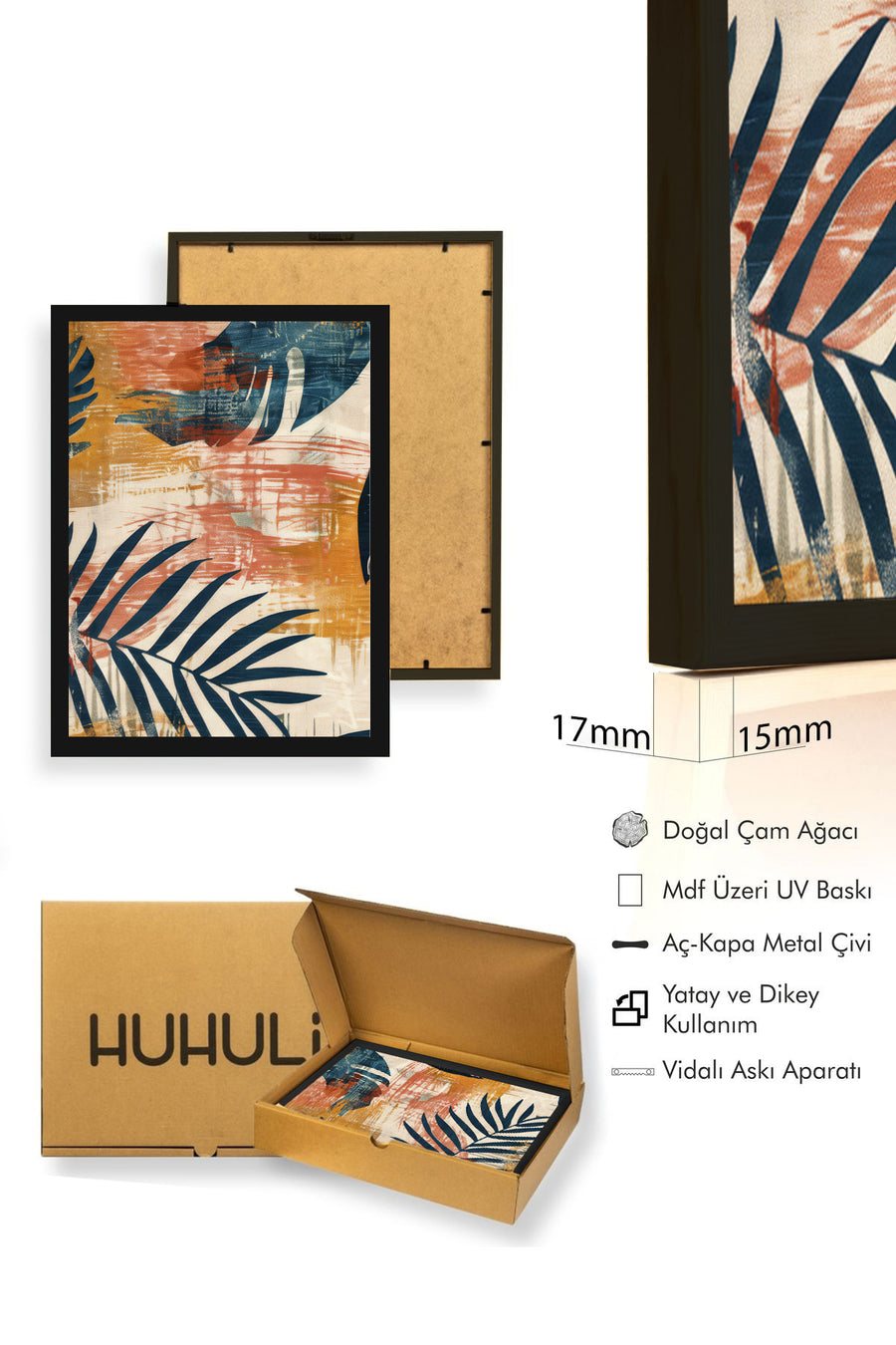 Doğal Ahşap Çerçeveli Soyut Yaprak Desenli Tablo - Canlı Tonlar | huhu1288