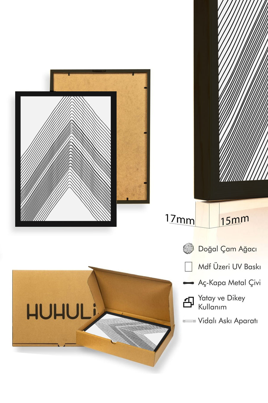 Doğal Ahşap Çerçeveli Minimal Çizgisel Desenli Tablo - Siyah Beyaz | huhu1412