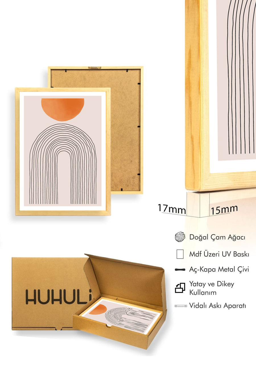 Doğal Ahşap Çerçeveli Minimalist Soyut Tablo - Pastel Tonlar | huhu1541