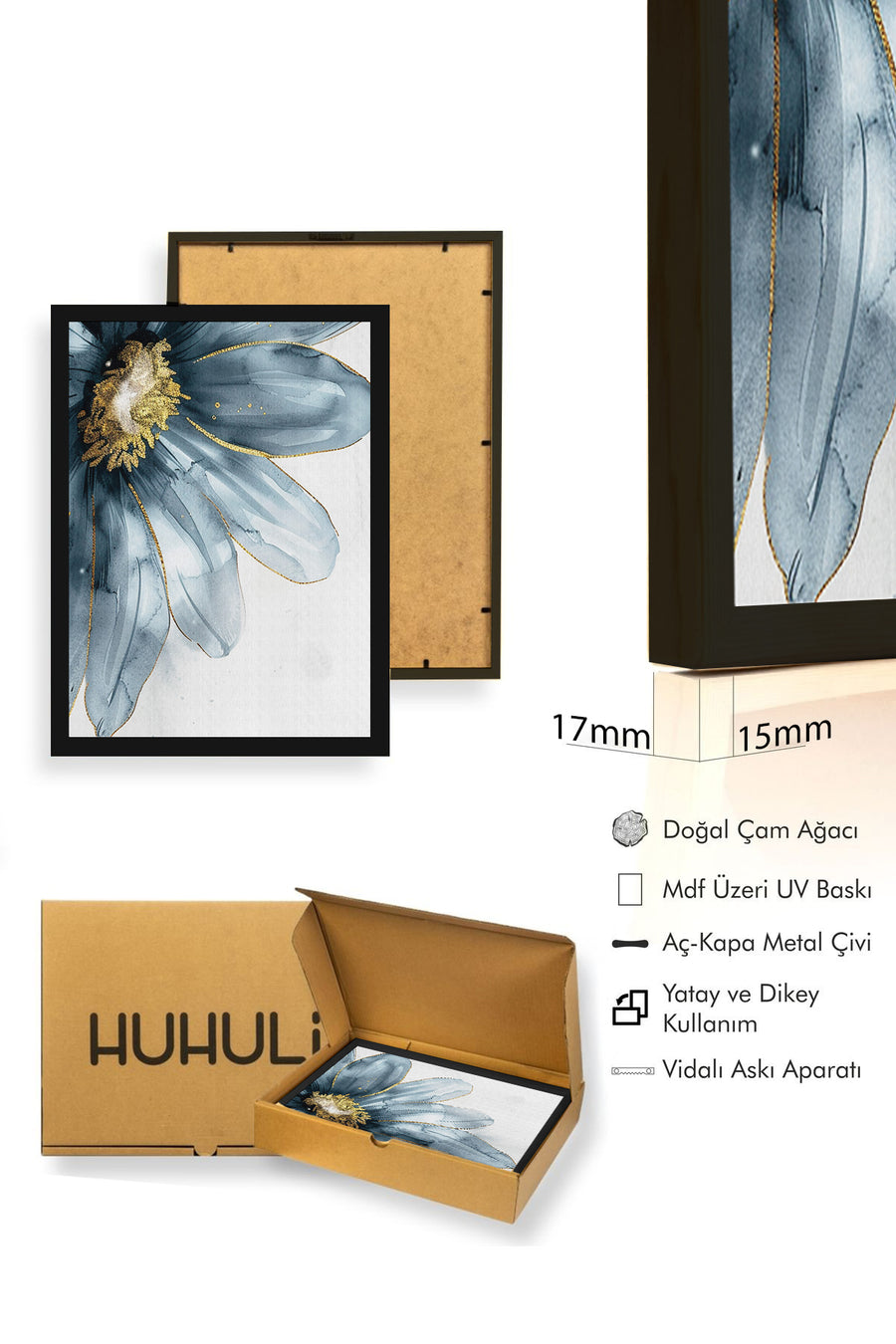 Doğal Ahşap Çerçeveli Çiçek Desenli Tablo - Mavi-Gold | huhu1298