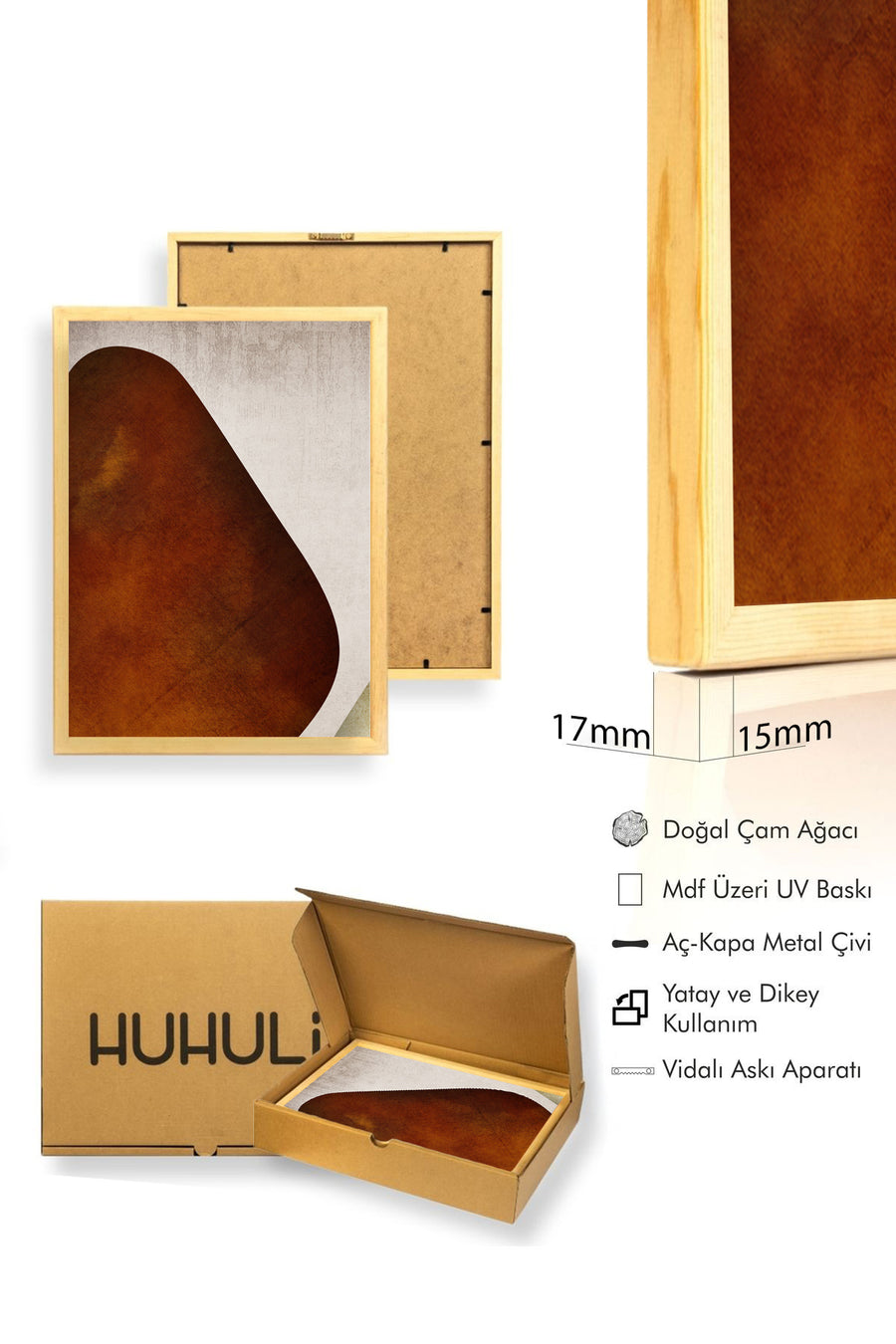 Doğal Ahşap Çerçeveli Soyut Desenli Tablo - Kahverengi ve Beyaz | huhu1291
