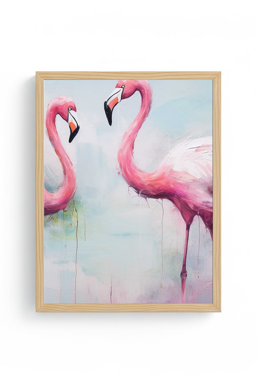 Doğal Ahşap Çerçeveli Flamingo Desenli Tablo - Pastel Tonlar | huhu1303