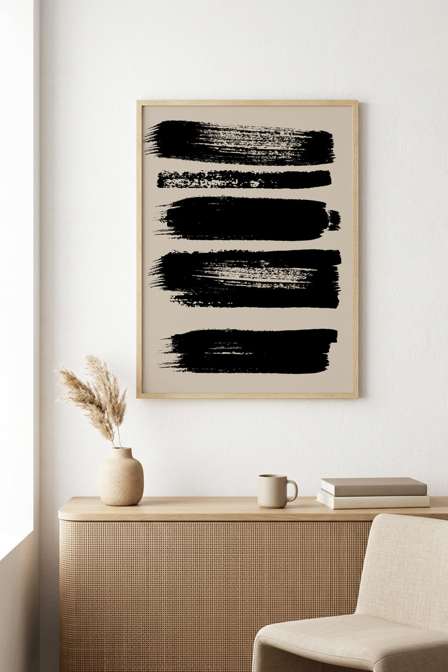 Doğal Ahşap Çerçeveli Soyut Siyah Desenli Tablo - Minimal | huhu1067