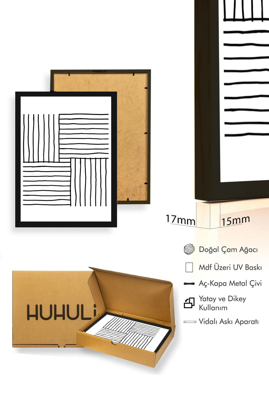 Doğal Ahşap Çerçeveli Minimal Çizgili Tablo - Siyah Beyaz | huhu1078