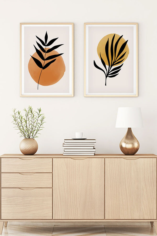 Geometrik Desenli Sarı ve Kahverengi Tablo Seti - Modern 2’li Set | huhu99