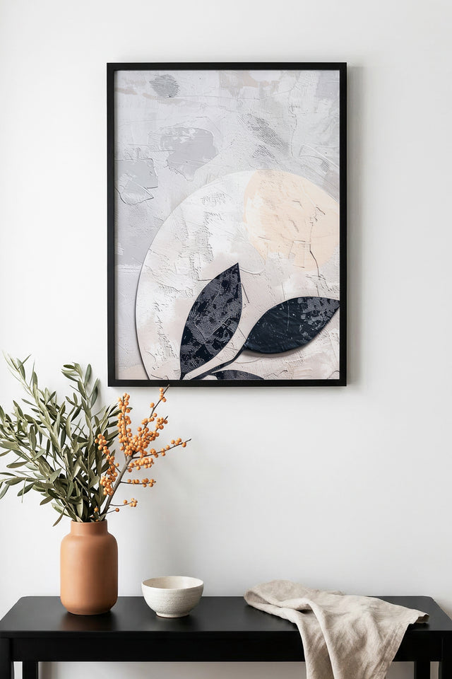 Doğal Ahşap Çerçeveli Minimal Yaprak Desenli Tablo - Pastel Tonlar | huhu1281