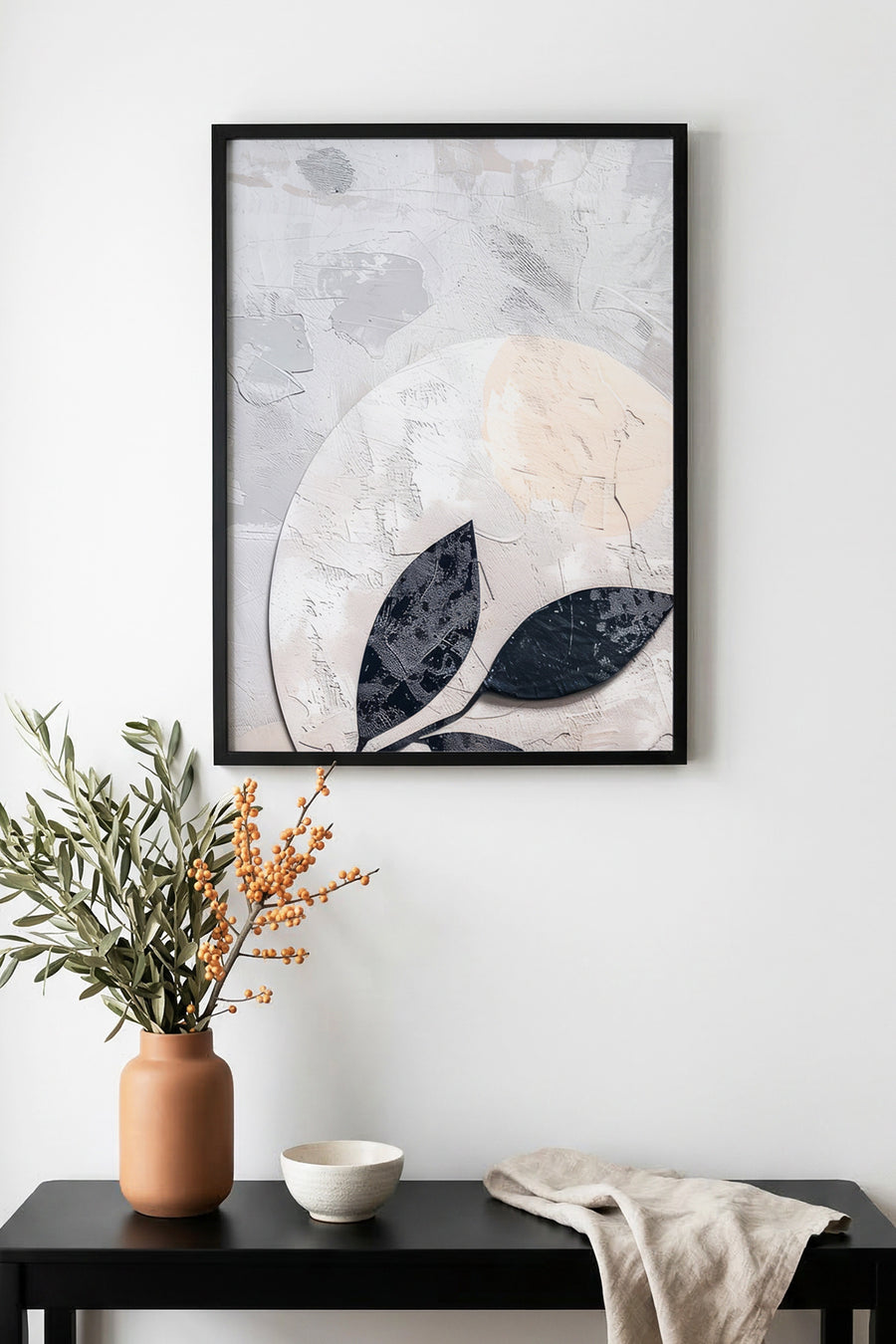 Doğal Ahşap Çerçeveli Minimal Yaprak Desenli Tablo - Pastel Tonlar | huhu1281