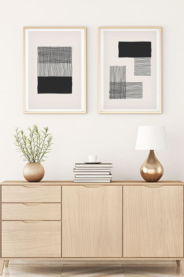Geometrik Desenli Siyah-Beyaz Tablo Seti - Modern 2’li Set | huhu146