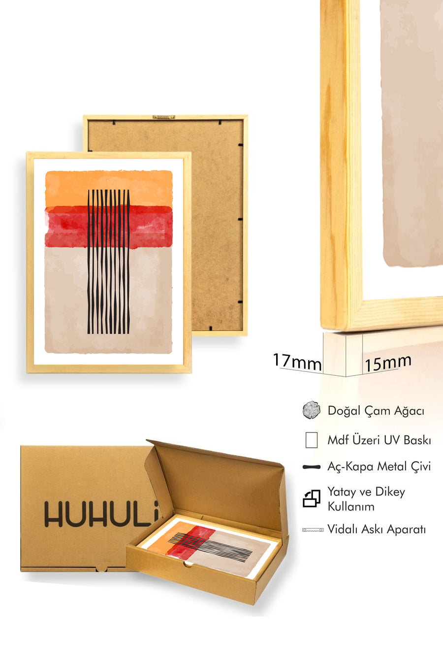 Doğal Ahşap Çerçeveli Soyut Çizgili Tablo - Canlı Tonlar | huhu1379