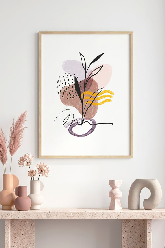 Doğal Ahşap Çerçeveli Soyut Bitki Desenli Tablo - Pastel Tonlar | huhu1057
