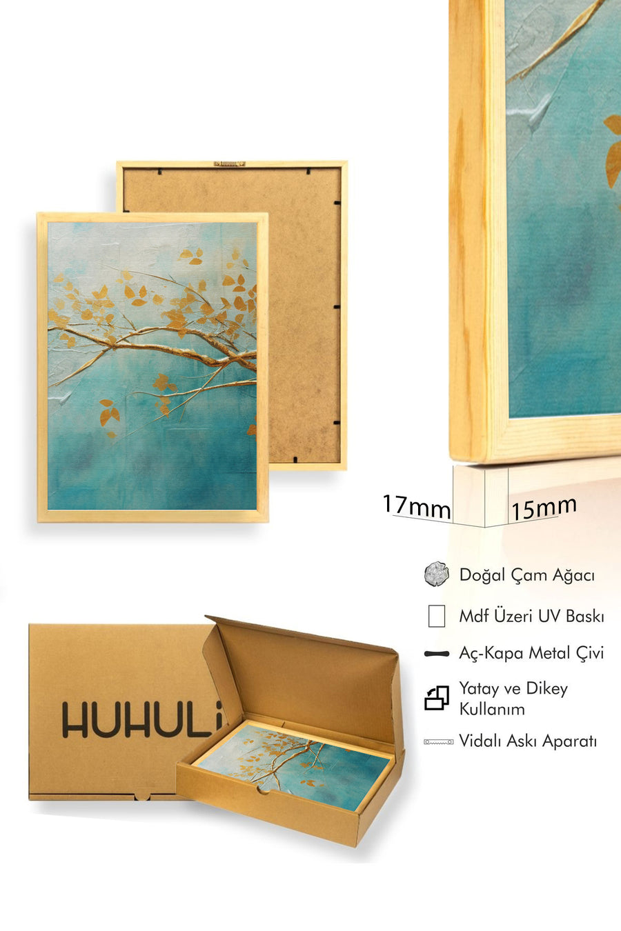 Doğal Ahşap Çerçeveli Soyut Yaprak Desenli Tablo - Canlı Tonlar | huhu1334