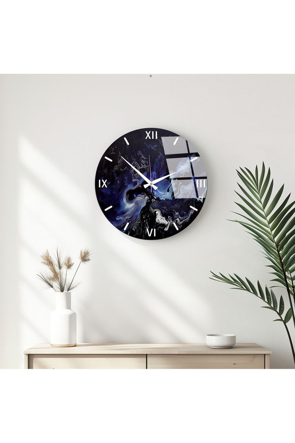 Soyut Desenli Duvar Saati - Mavi ve Siyah | Huhu344