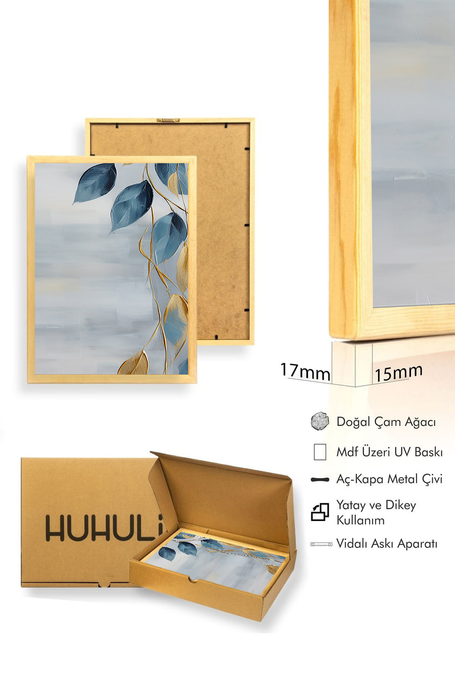 Doğal Ahşap Çerçeveli Yaprak Desenli Tablo - Mavi-Gold | huhu1306