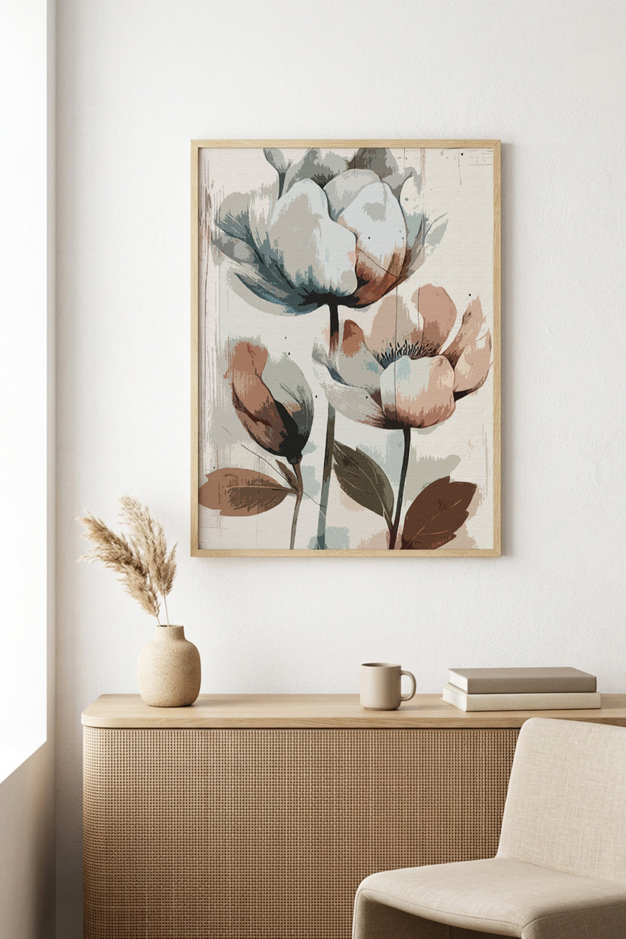 Doğal Ahşap Çerçeveli Çiçek Desenli Tablo - Pastel Tonlar | huhu1311