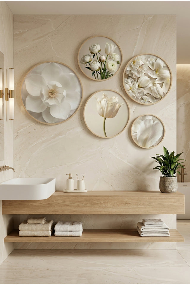 5'li Ahşap Çerçeveli Yuvarlak Tablo Seti Beyaz Çiçekli Modern Yatak Odası ve Salon Duvar Dekorasyonu