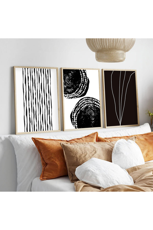 Geometrik Desenli Siyah-Beyaz Tablo Seti - Modern 3’lü Set | huhu240
