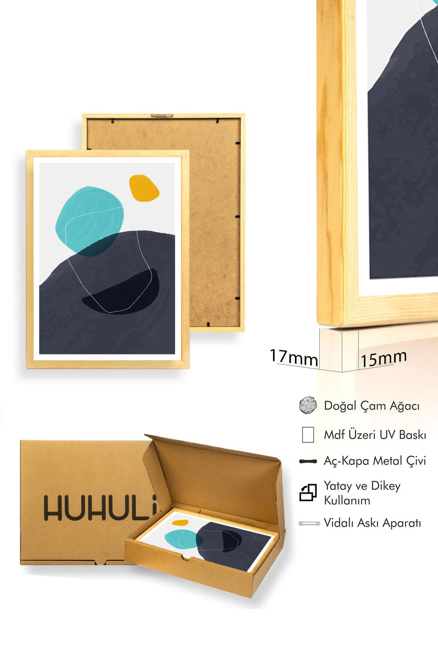 Doğal Ahşap Çerçeveli Soyut Desenli Tablo - Canlı Tonlar | huhu1508
