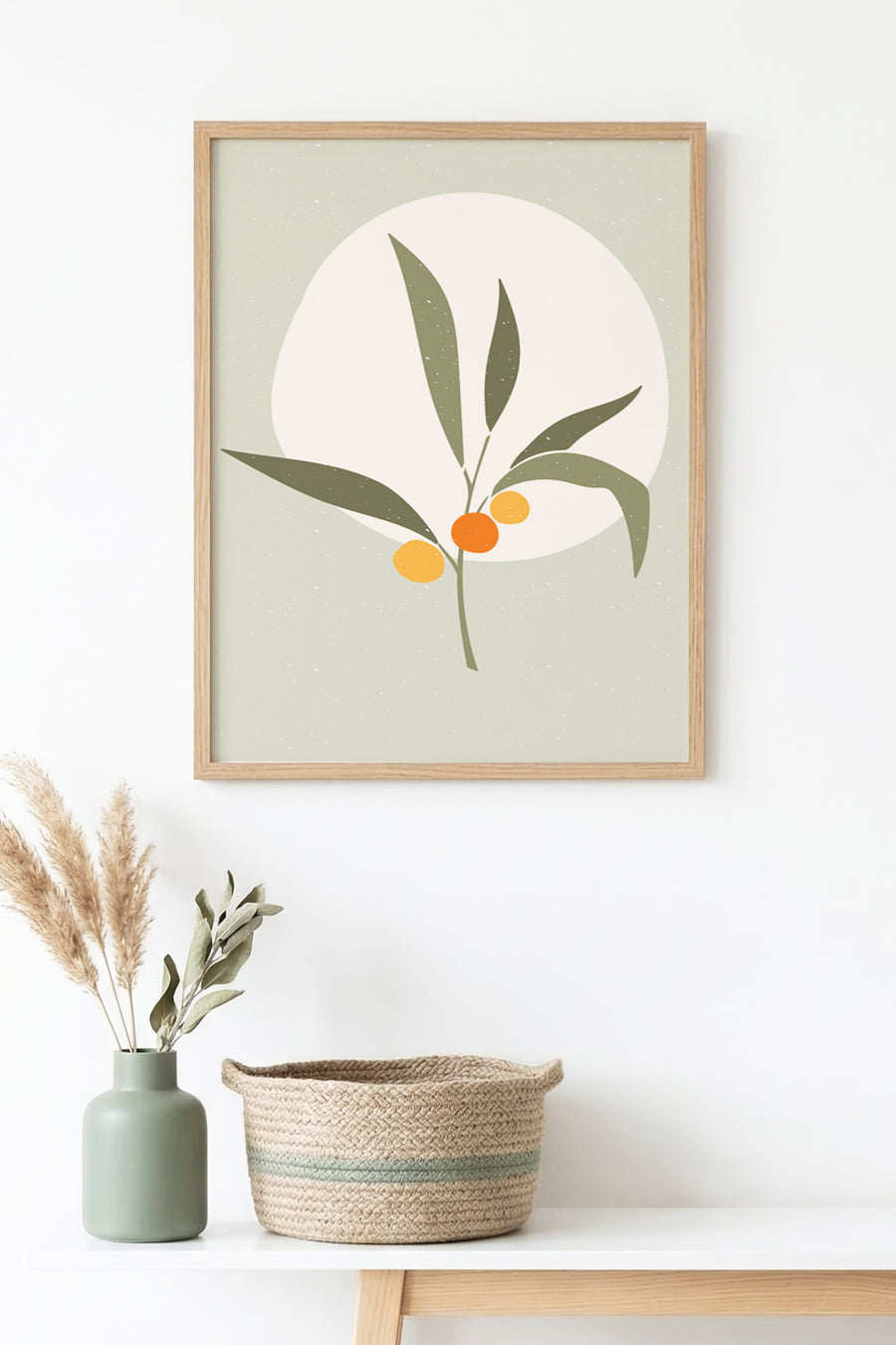 Doğal Ahşap Çerçeveli Minimal Yaprak Desenli Tablo - Pastel Tonlar | huhu1500