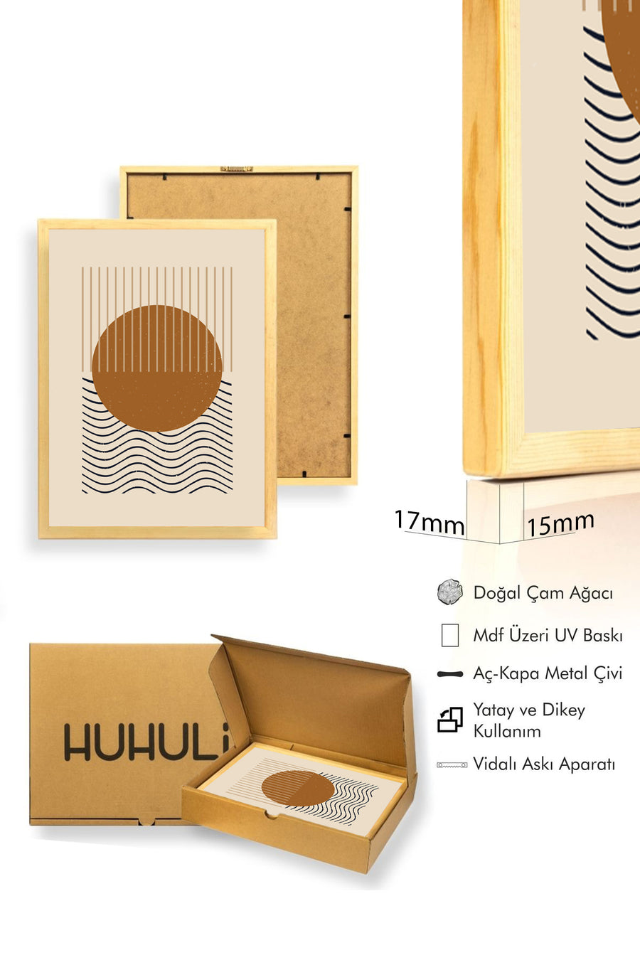 Doğal Ahşap Çerçeveli Soyut Daire Desenli Tablo - Pastel | huhu1468