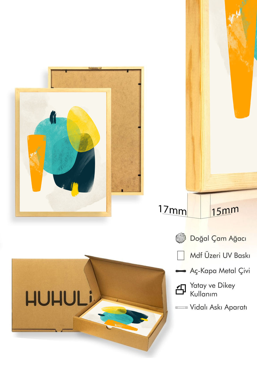 Doğal Ahşap Çerçeveli Soyut Desenli Tablo - Canlı Tonlar | huhu1449