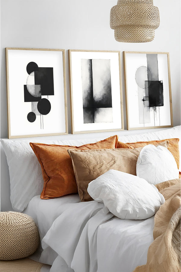 Geometrik Desenli Siyah-Beyaz Tablo Seti - Modern 3’lü Set | huhu432