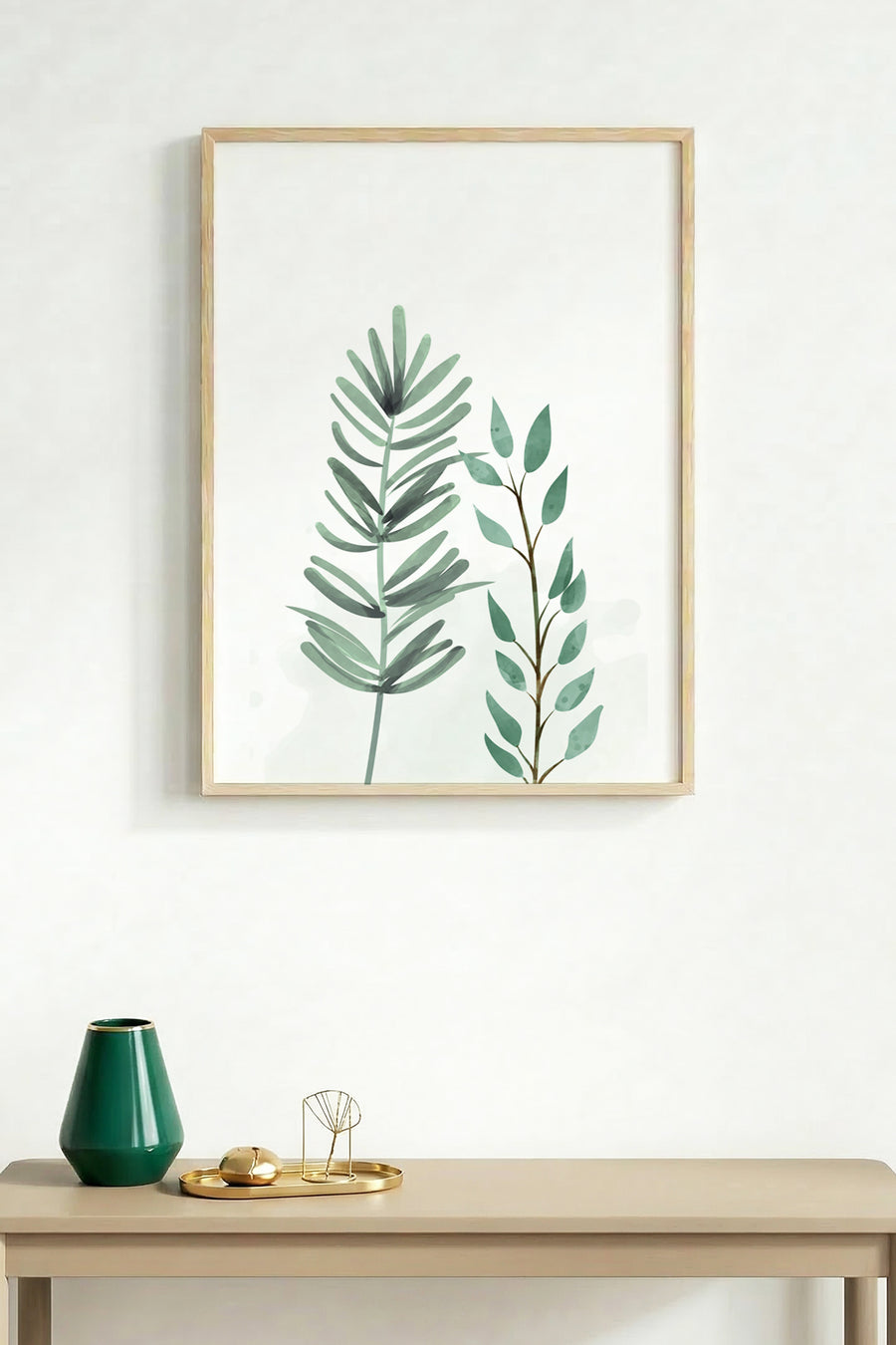 Doğal Ahşap Çerçeveli Minimal Yaprak Desenli Tablo - Pastel Tonlar | huhu1636