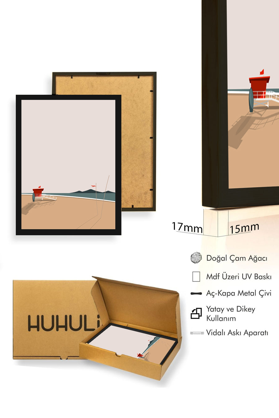 Doğal Ahşap Çerçeveli Minimal Plaj Manzarası Tablo - Pastel Tonlar | huhu1335