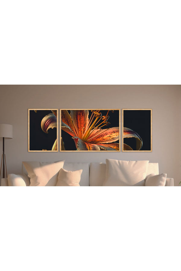 Çiçek Desenli Modern Tablo Seti - 3’lü Ahşap Çerçeve | Huhu302