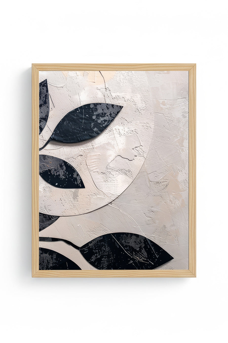 Doğal Ahşap Çerçeveli Minimal Yaprak Desenli Tablo - Pastel | huhu1282