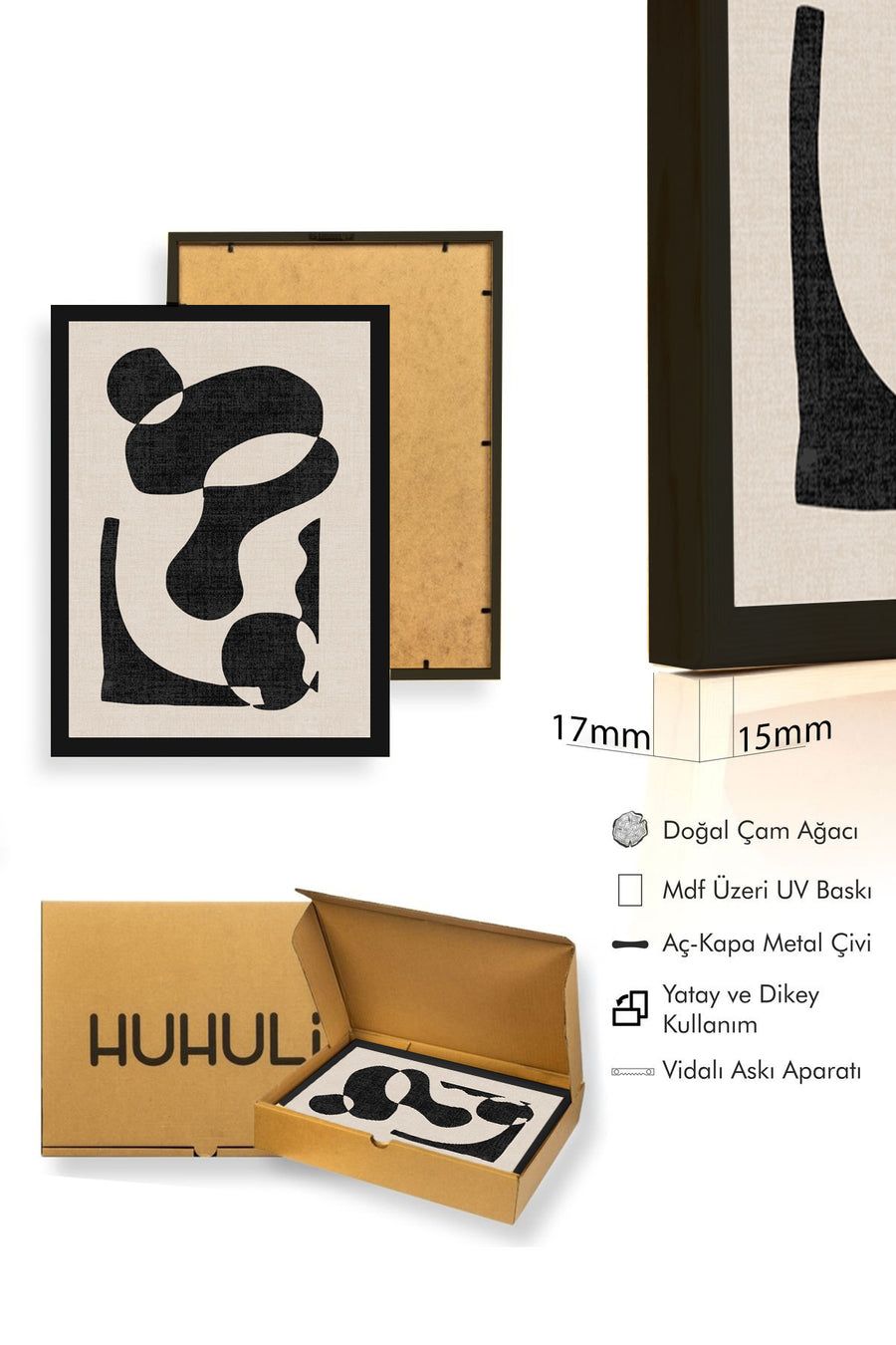 Doğal Ahşap Çerçeveli Soyut Desenli Tablo - Minimal | huhu1003