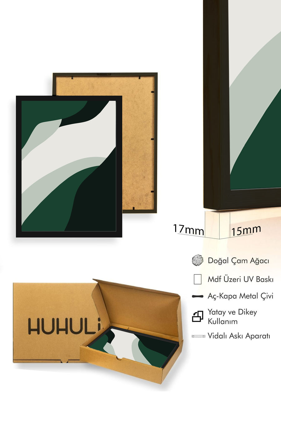 Doğal Ahşap Çerçeveli Minimal Desenli Tablo - Yeşil-Beyaz | huhu1010