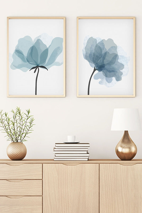 Akvarel Çiçek Desenli Tablo Seti - Mavi 2’li Set | huhu24