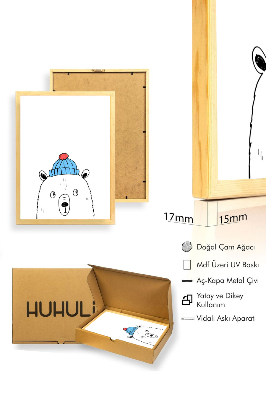 Doğal Ahşap Çerçeveli Kutup Ayısı Temalı Tablo - Minimal | huhu1639