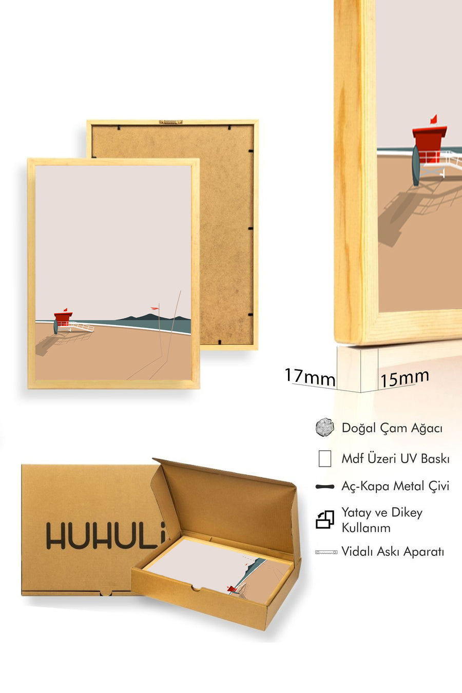 Doğal Ahşap Çerçeveli Minimal Plaj Manzarası Tablo - Pastel Tonlar | huhu1335