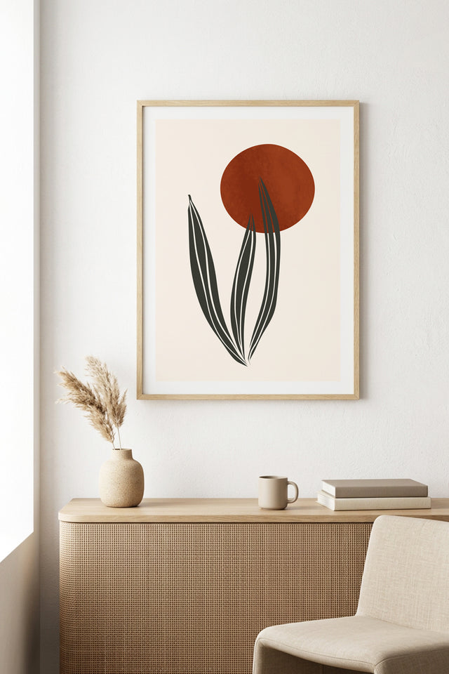 Doğal Ahşap Çerçeveli Soyut Yaprak Desenli Tablo - Pastel | huhu1040