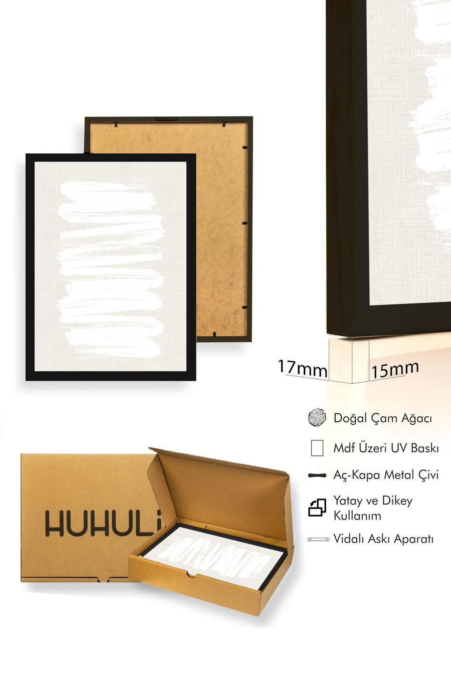 Doğal Ahşap Çerçeveli Minimal Beyaz Fırça Desenli Tablo - Pastel | huhu1069