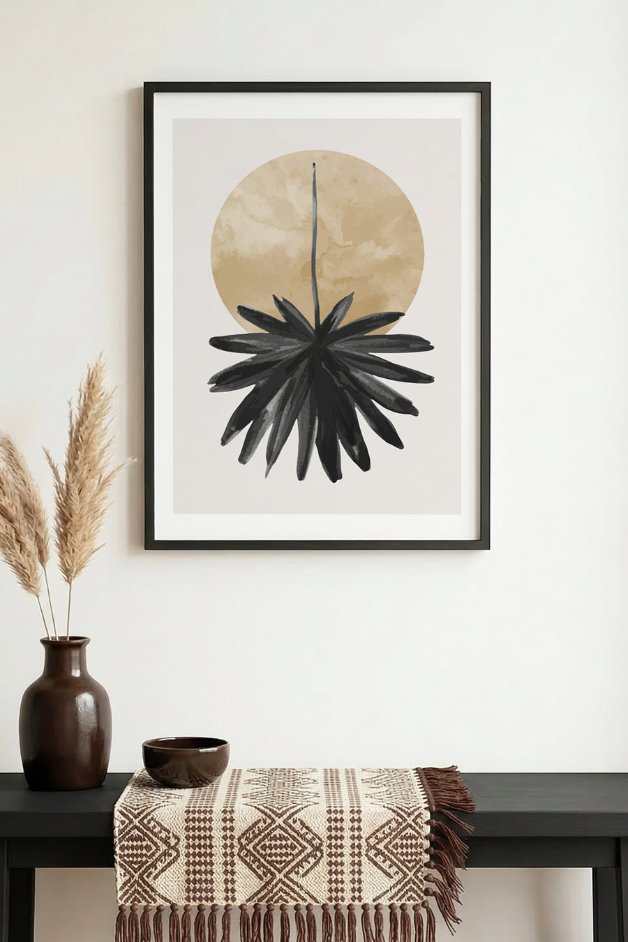 Doğal Ahşap Çerçeveli Minimal Yaprak Desenli Tablo - Pastel | huhu1027