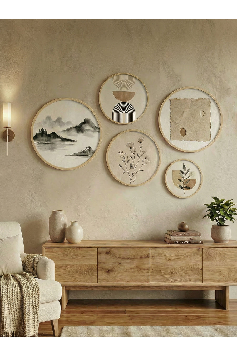 Boho Stil 5'li Yuvarlak Tablo Seti - Doğal Huş Ahşap Çerçeveli Bohem Duvar Dekoru - Huhu873