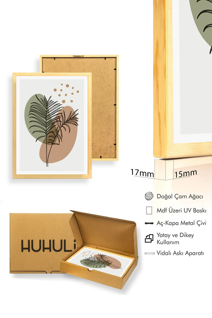 Doğal Ahşap Çerçeveli Minimal Yaprak Desenli Tablo - Pastel Tonlar | huhu1496