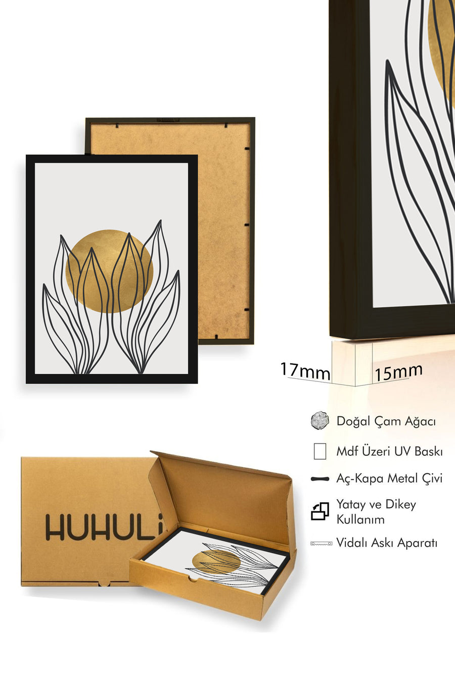 Doğal Ahşap Çerçeveli Minimal Yaprak Desenli Tablo - Altın | huhu1421