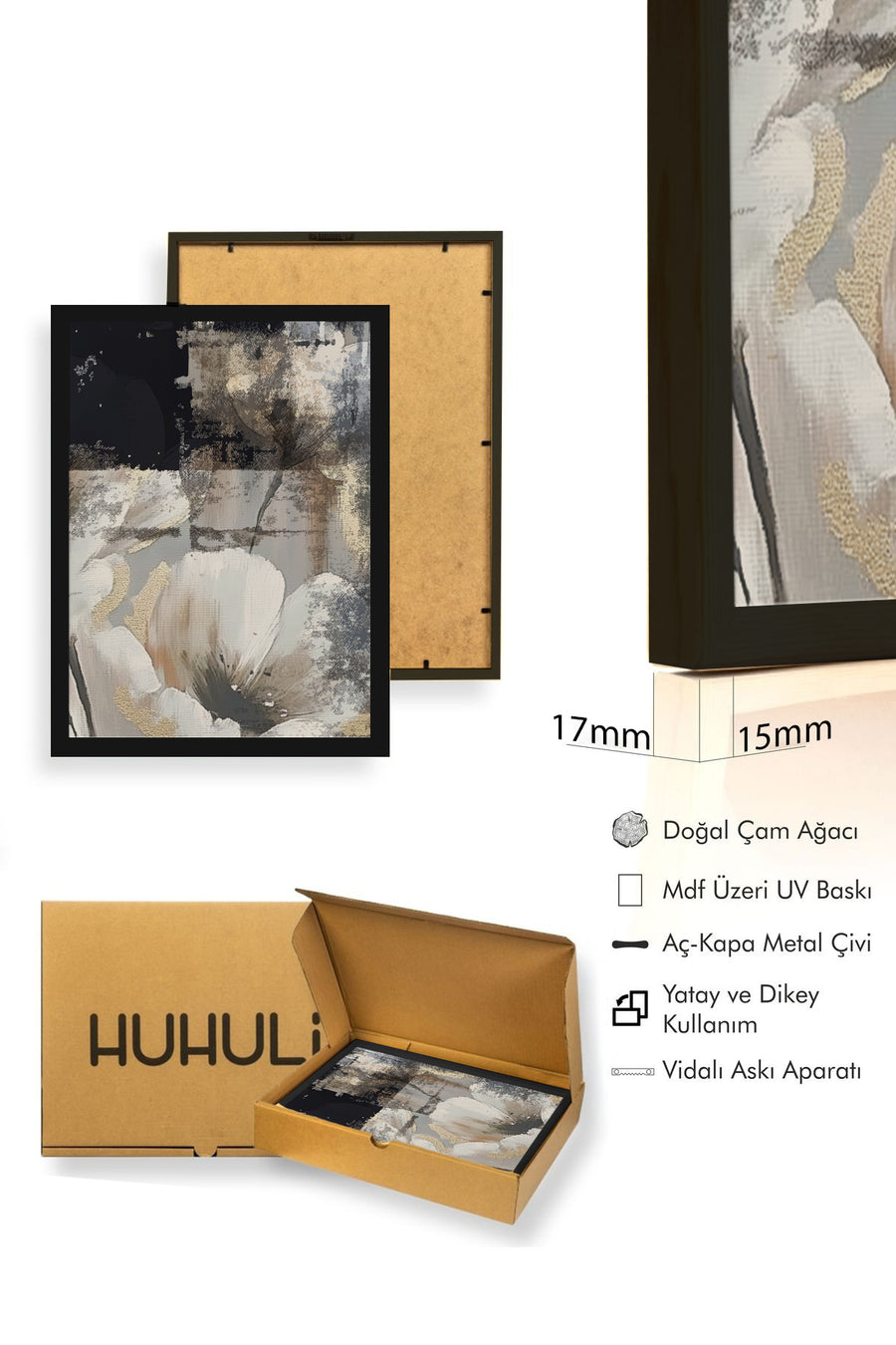 Doğal Ahşap Çerçeveli Soyut Çiçek Desenli Tablo - Pastel Tonlar | huhu1318
