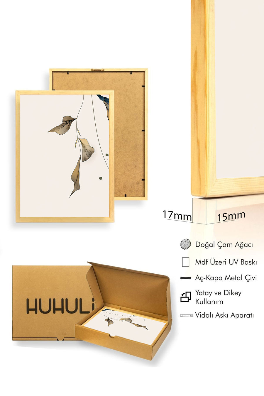 Doğal Ahşap Çerçeveli Yaprak Desenli Tablo - Minimal | huhu1293