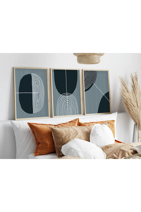 Geometrik Desenli Mavi Tablo Seti - Modern 3’lü Set | huhu214