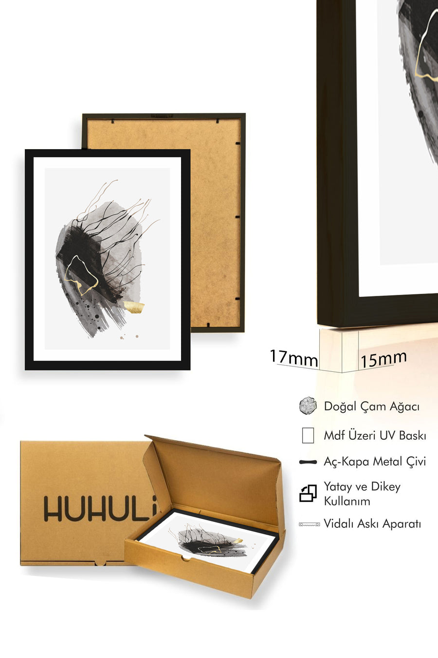 Doğal Ahşap Çerçeveli Soyut Minimalist Tablo - Pastel Tonlar | huhu1021