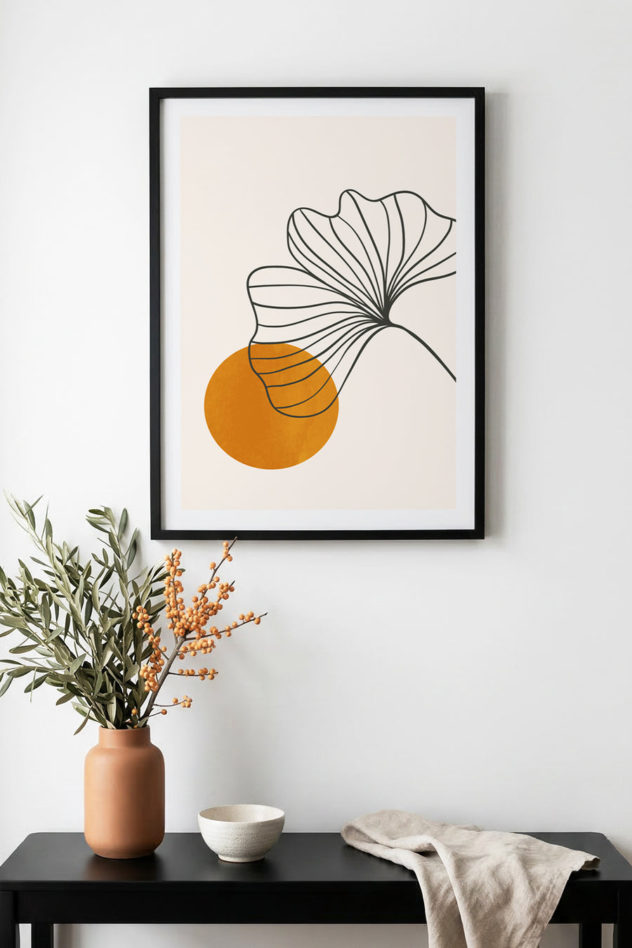 Doğal Ahşap Çerçeveli Minimal Yaprak Desenli Tablo - Canlı Tonlar | huhu1041