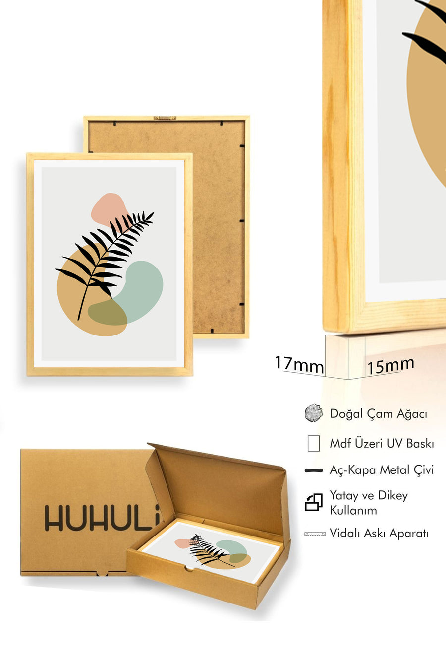 Doğal Ahşap Çerçeveli Minimal Yaprak Desenli Tablo - Canlı Tonlar | huhu1519
