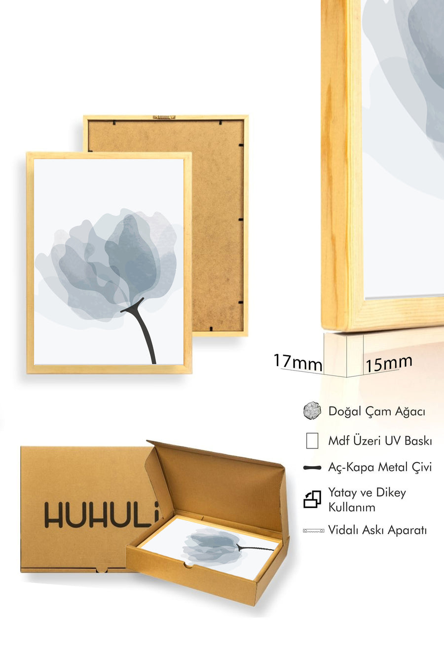 Doğal Ahşap Çerçeveli Soyut Çiçek Desenli Tablo - Pastel Tonlar | huhu1017
