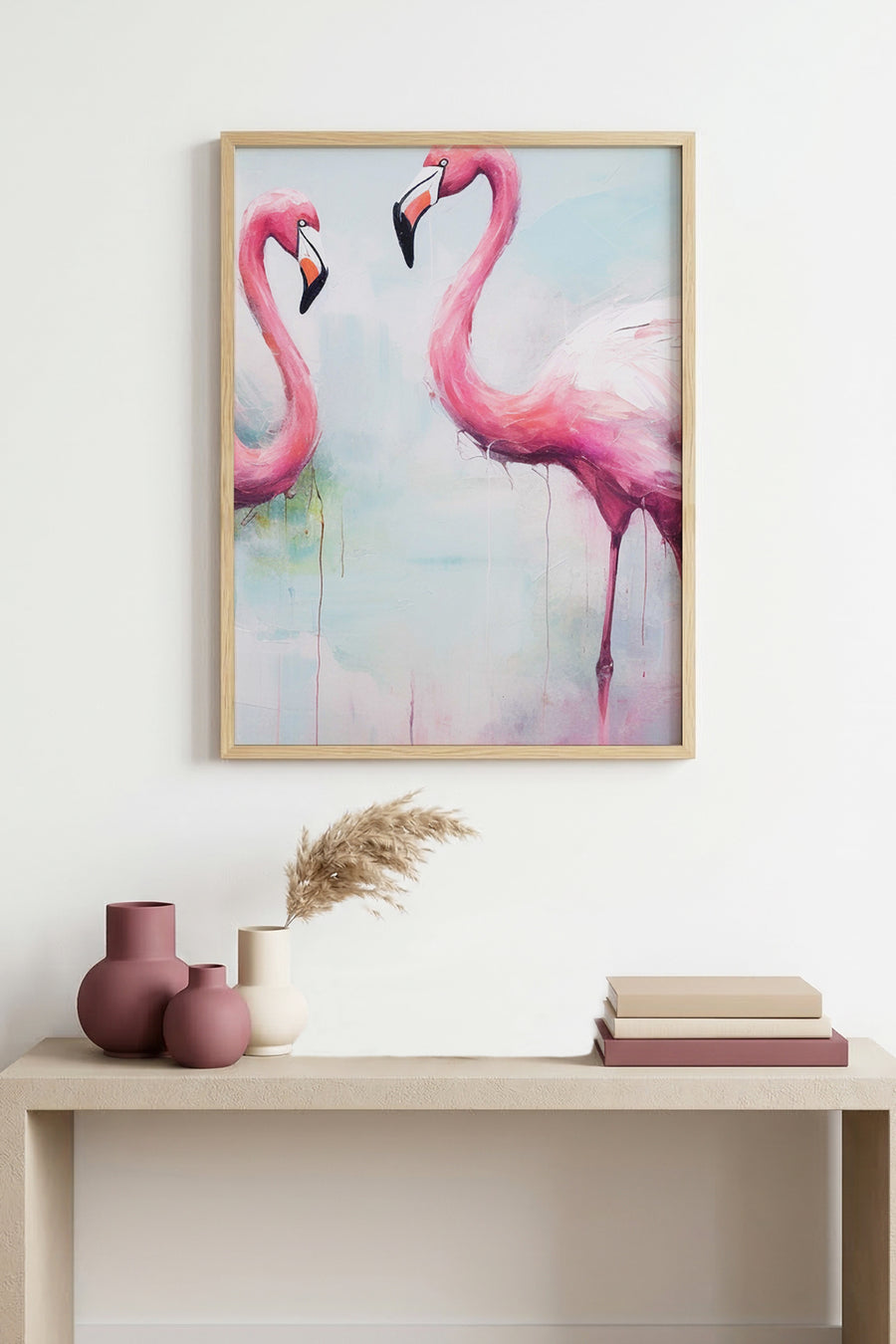 Doğal Ahşap Çerçeveli Flamingo Desenli Tablo - Pastel Tonlar | huhu1303