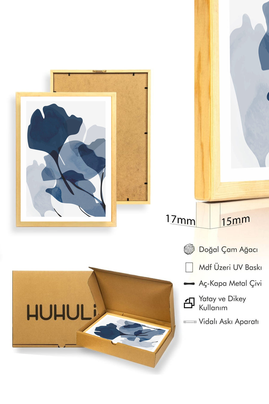 Doğal Ahşap Çerçeveli Soyut Yaprak Desenli Tablo - Mavi Tonlar | huhu1018